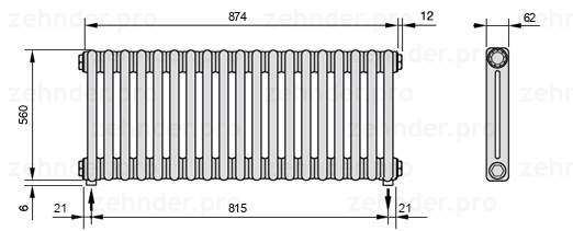 Схема (чертеж) Радиатор Zehnder Charleston 2056/19 №3570 Белый глянцевый RAL 9016